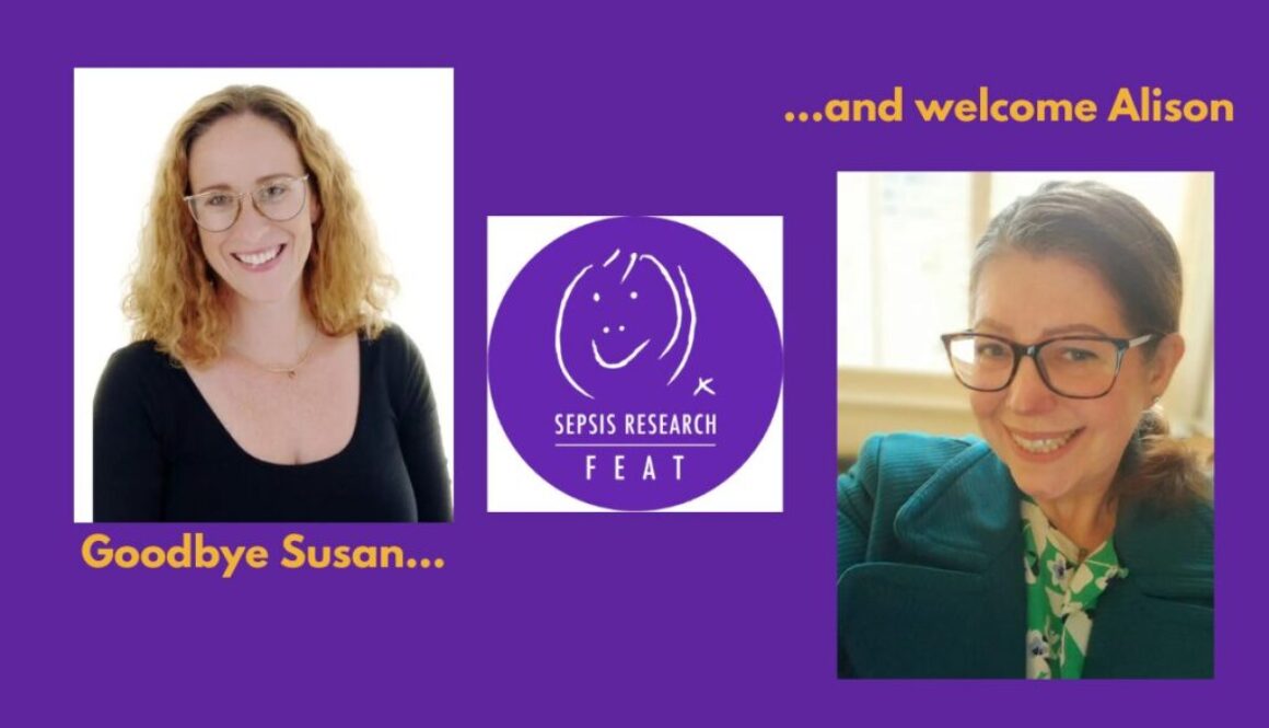 Two headshots of women smiling with glasses and an illustrated logo for Sepsis Research Feat. "Goodbye Susan...", "...and welcome Alison"